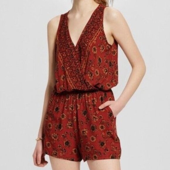 Mossimo Supply Co. Pants - MOSSIMO SUPPLY CO Rust Red Burnt Orange Floral Sunflower Boho Sleeveless Romper
